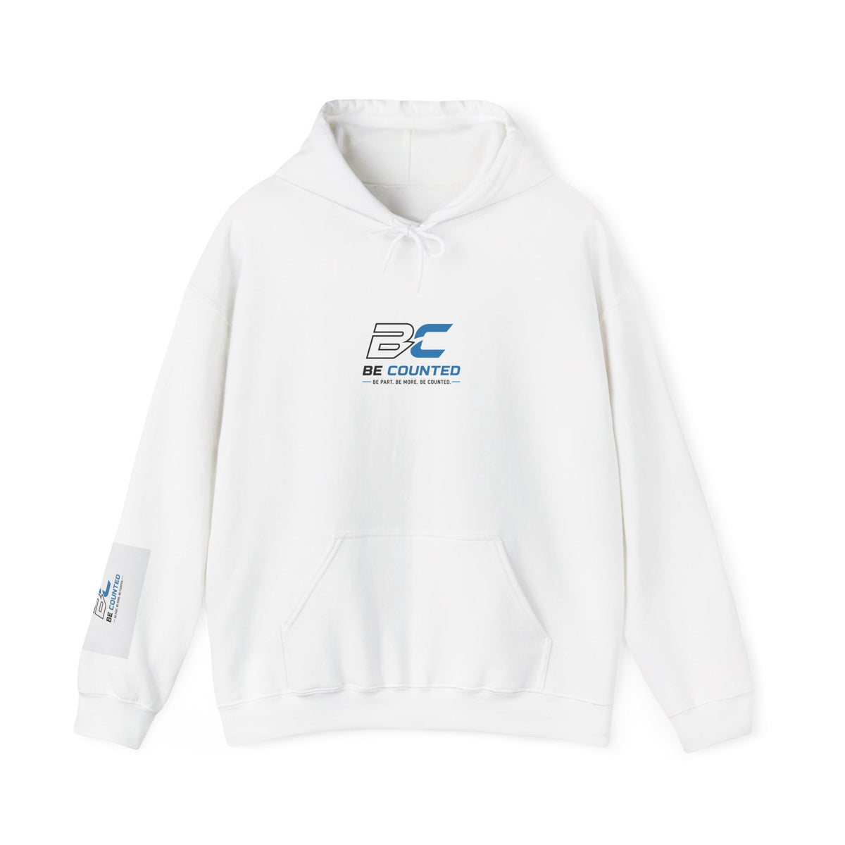 Be Counted Logo Hoodie — White Graphic Pullover with Sleeve Print